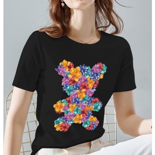 Women Tshirt Black All-match Cute Bear Pattern Series Personalized Short Sleeve Tops Street Fashion Print Lady Tee Women Clothes