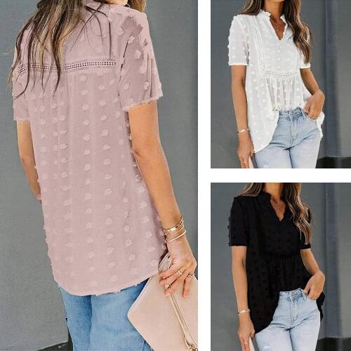 Womens V-neck Loose Swiss Polka Dot T-Shirt Casual Chiffon Shirt Crochet Lace Solid Color Tunic Top Boho Style Spring Summer