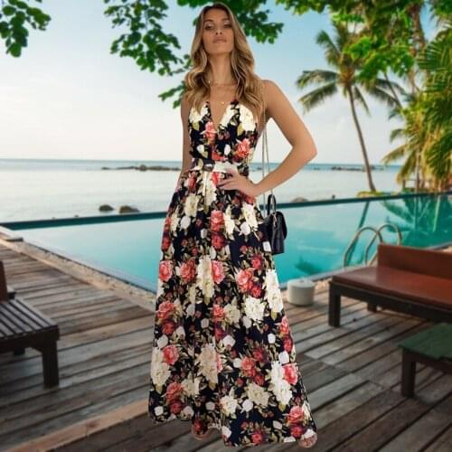 2021 Summer Sexy Womens Long Skirt High Waist V-neck Halter Sleeveless Holiday Beach Dress Halter Bohemian Print Robe Sun Dress