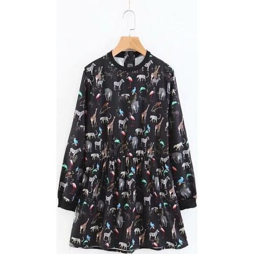 Long Shirt Women vintage o neck cute animal print casual mini dress ladies elastic waist ruffles chic vestidos brand autumn