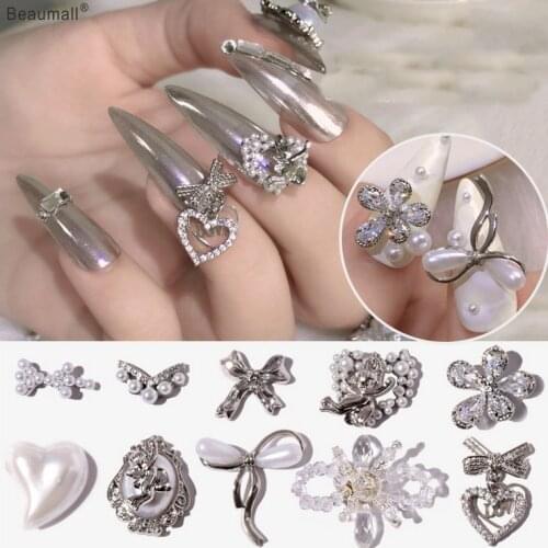 10pcs/lot, 3d Nail Art Elegant Types Silver Alloy With Pearls Crystal Rhinestones Nail Tips Decorations
