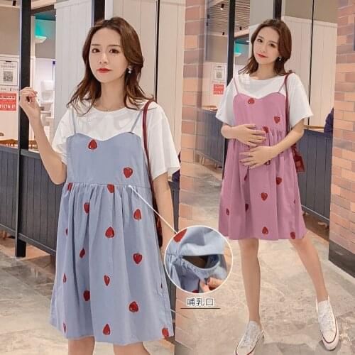 1015# Maternity Clothes Summer Nursing Dress Patchwork Cotton Short Sleeves Loose Stylish Dress Pregnant Women Mom Dress