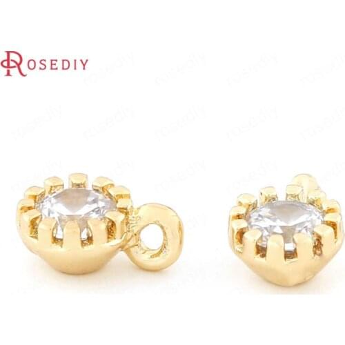 34334)10PCS 6*4MM 24K Champagne Gold Color Brass with Zircon Round Charms End Beads High Quality Jewelry Findings Accessories