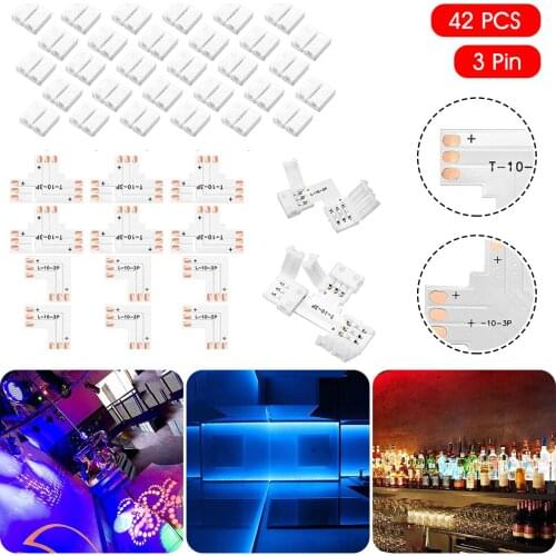 Top 42pcs LED Light Strip Connector for 10mm 3Pin Solderless LED Strip Connector Adapter with Gapless Clips T/L Shape Connectors
