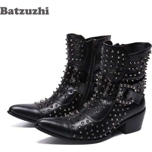 Batzuzhi Punk Boots Men Pointed Toe Genuine Leather Men Rivets Boots Buckles Party Motorcycle Botas Hombre, Big Size EU38-46