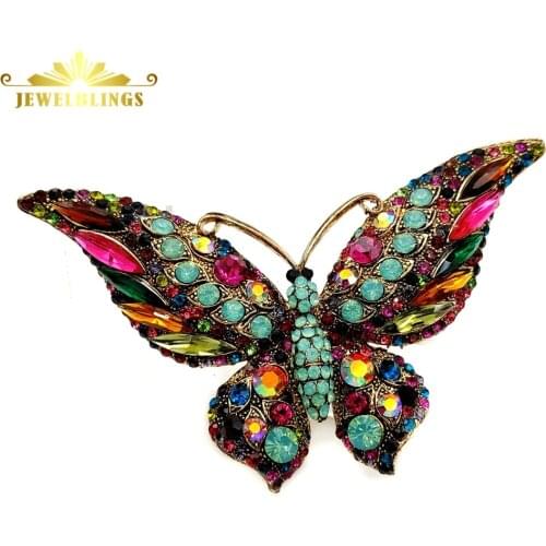Vintage Art Deco Multicolored Crystal Statement Large Butterfly Brooch Gold Tone Teal Green Accent Color Wing Big Butterfly Pins