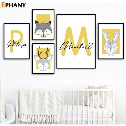 Baby Personalized Name Canvas Posters Boys Nursery Customized Prints Rabbit Deer Wall Art Painting Pictures Baby Room Decor