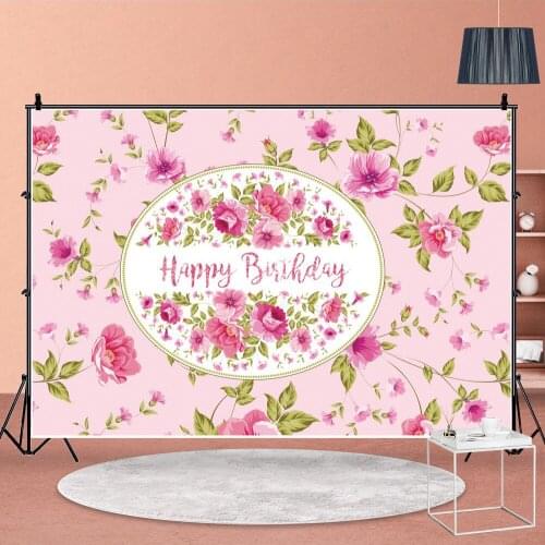 Cartoon Painted Flower Wall Background Photo Girls Pink Happy Birthday Photography Backdrop Child Party Customize Studio Banner