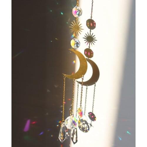 Metallic Hoop Moon Sun Wind Chimes K9 Crystal Prisms Hanging Rainbow Chaser Window Curtains Pendant Home Decor Gifts