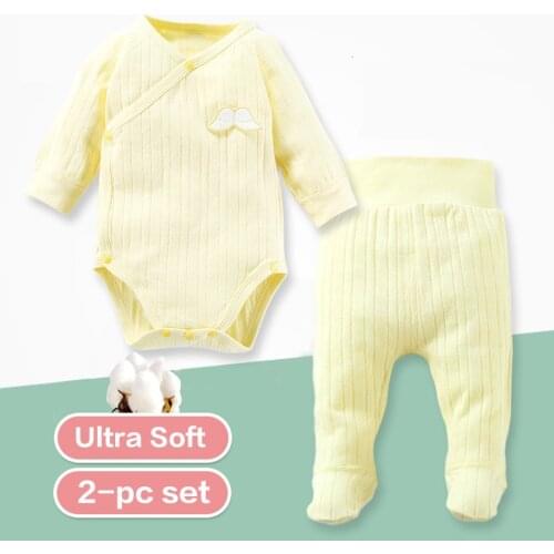 Baby Clothes Newborn baby Long Sleeve Boneless Sewing Bodysuit+Footed Pants Set Side Snap Romper High Waist Pants Kid Clothing