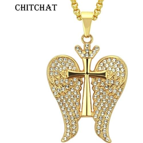 Angel Wings Cross Pendants Necklaces Iced Out Religious Cross With Wings Necklace Cubic Zircon Mens Hip hop Jewelry For Rocker