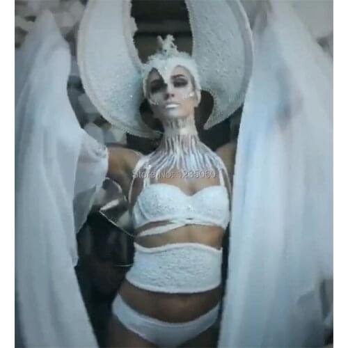 New Design DS Women Clothes With Wings Headwear DJ Ballroom Costume White Sexy Lady Stage Performance Party Dance Team Suit