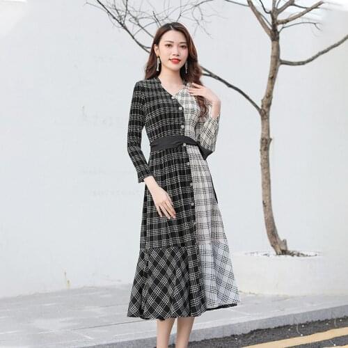 Plus Size Dress For Women 45-75kg Autumn 2020 New Plaid Patchwork V-Neck Long Sleeved High Waist Lace-up Miyake Pleated Dress