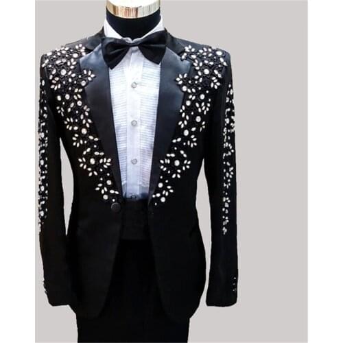 2 Pieces Luxury Crystal Men Suits Beads Custom Made Wedding Suits High Waist Pant Tuxedos Peaked Lapel Blazer Business Coat+Pant