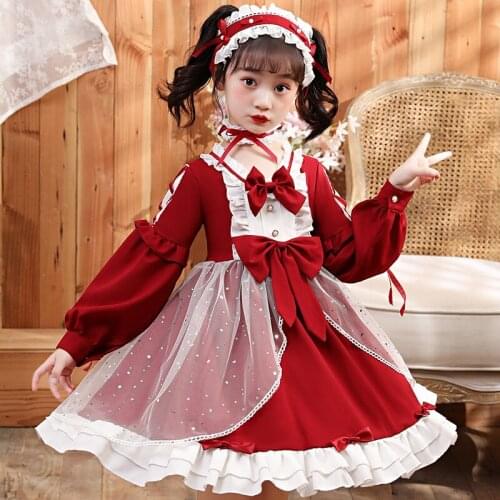 2020 Vintage Lolita Princess Dress Clothes Little Girls Long Sleeve 3 Piece Set Bow Lace Princess Tea Party Dresses Kids Girl
