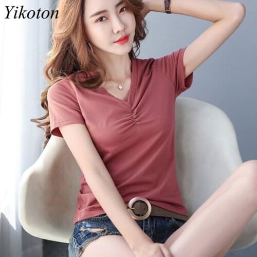 Cotton T-Shirt Women Short Sleeve Solid T Shirts 2021 Summer Female Clothes Fashion Tee Top Ladies V-neck Plus Size 5XL Blusas