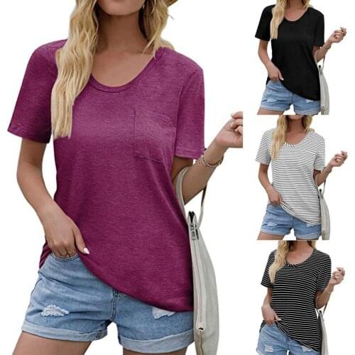 Women Shirt Solid Color Short Sleeve O Neck Pocket Loose T-shirt Tee Shirt Streetwear Summer Work Ladies Women Clothings Tops