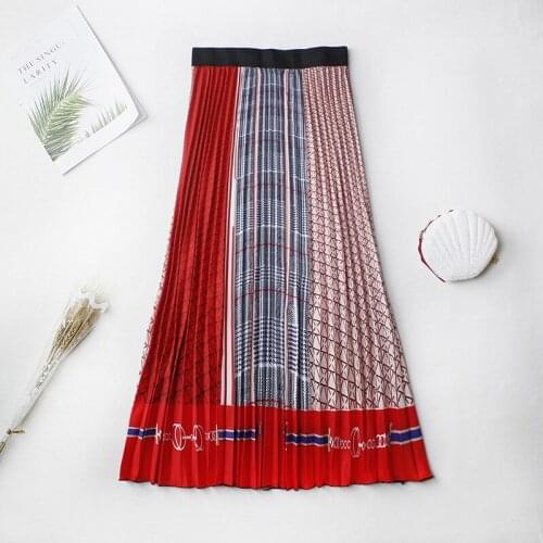 Women fashion chiffon floral chiffon pleated skirt mid-length elastic waist skirt with large swing a-line skirt