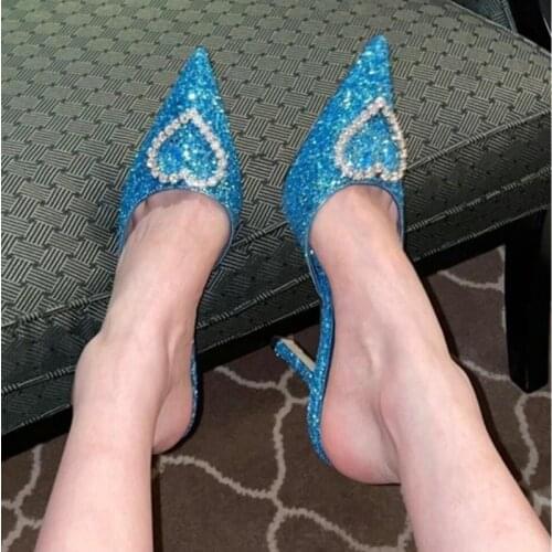 2021 Blue Loving Heart Rhinestone Shiny Pointed Toe Pumps Stiletto Heel High Heels Womens Summer Slippers