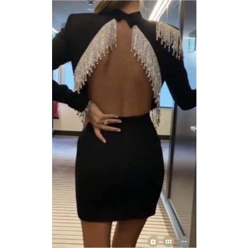 Women Winter Bodycon Bandage Dress Vestidos 2020 Sexy Long Sleeve Backless Tassel Black Elegant Designer Evening Party Dress