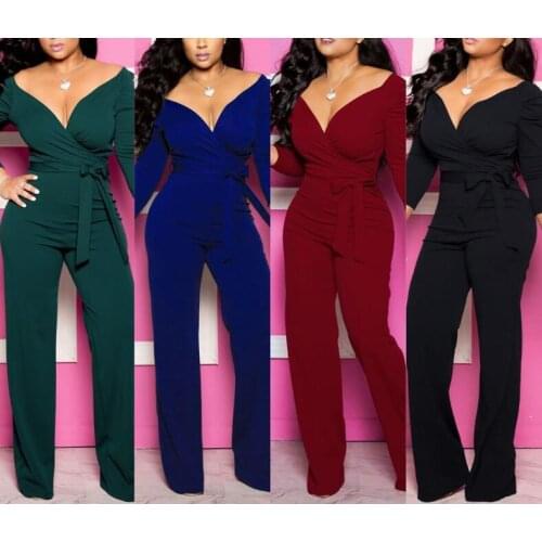 Women Autumn Winter New Sexy V Neck black Jumpsuit Casual Long-sleeved trousers Lace Up Office Ladies Overalls Fashion