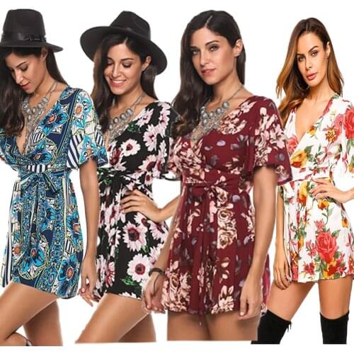 Deep V neck Dress Women Floral Print Dresses Femme summer vestido de mujer Jumpsuit Bodysuit Short Panty vestidos de verano Sexy