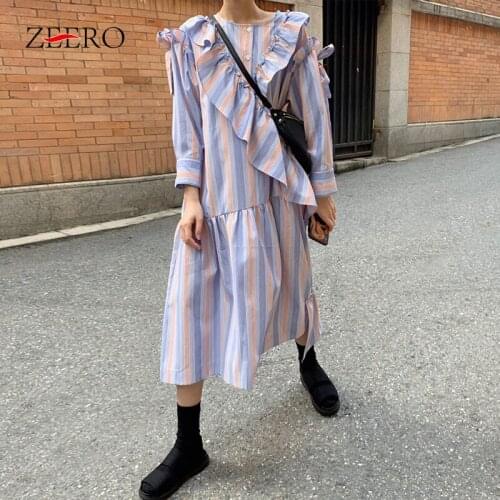 2020 Korean Spring Casual Striped Long Sleeve O Neck Women Ruffles Dress Elegant Female Vintage Loose Summer Midi Beach Dresses