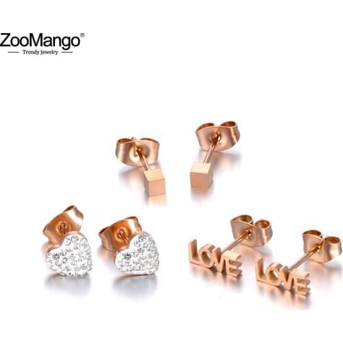 ZooMango Trendy 3Pair/Set Stainless Steel Heart & LOVE & Square Earrings For Women Party Earrings For Christmas Gift ZE19285