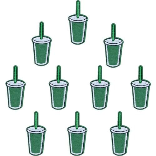 10 PCS Cute Drinks Patches Embroidery Iron on Patch for Clothing Green Badges Sewing Clothes Appliques DIY Dress Hat Coat Shoes