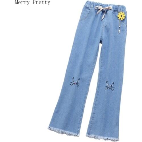 Blue cartoon cat embroidery Waist Washed Casual Denim Jeans Woman 2021 spring new Ladies Basic pockets Trousers