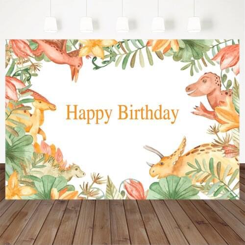 Dinosaur Photography Background Happy Birthday Primitive Animal Leaves Decoration Banner Photo Children Portrait Backdrop Studio
