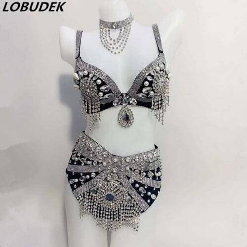 Sparkly Rhinestones Tassel Bra High Waist Shorts Bikini Set Sexy DJ Nightclub Dancer Singer Stage Wear Pole Dancing Costume Red