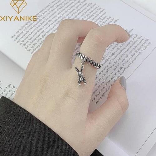 XIYANIKE 925 Sterling Silver Vintage Weaving Handmade Rings Trendy Cute Rabbit Pendant Party Jewelry Adjustable for Women Couple