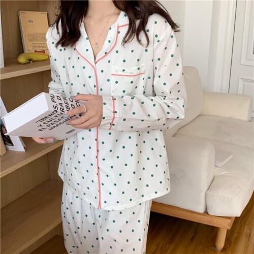 Pajamas Set Spring Summer Women Pajamas Sleepwear Pure Cotton Homewear Long Sleeve Trouser Pajama 2 Pieces Loungwear Polka Dot