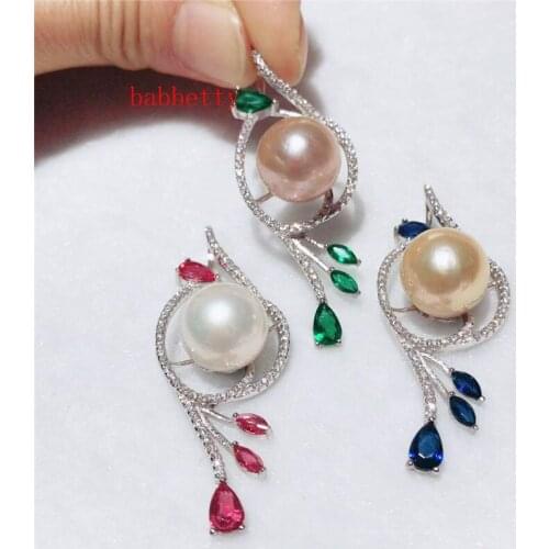 New natural freshwater Edison 12-13 mm pearl Tibetan silver inlay zircon pendant 001