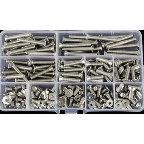 260Pcs/set M3 M4 M5 304 Stainless Steel Flat and Hexagon Socket Head Cap Screws Hex Socket Bicycle Bolts Kit