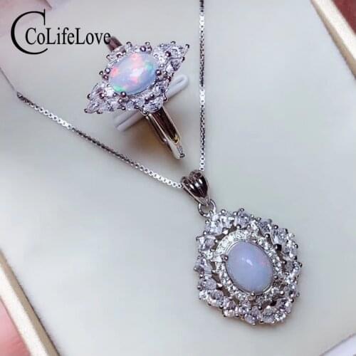 CoLife Jewelry Vintage 925 Silver Opal Jewelry 6*8mm Natural White Opal Ring Opal Pendant Set Fashion Jewelry Set for Party
