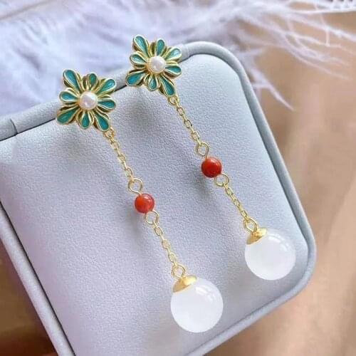 2021 Autumn Original Long Flower Natural Hetian Jade Round Pearl Earrings Classical Luxury Ladies Silver Jewelry