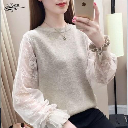 Fall/winter round neck loose thin pullover long-sleeved lace sweater knit sweater 2021 new short sweater outer top 16585