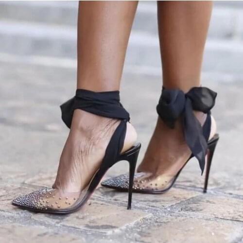 Luxury Crystal PVC Pointed Toe Wedding Shoes Bride Black Lace-up Cross Strappy Sandal Women High Heel Cut-out Stud Banquet Pumps