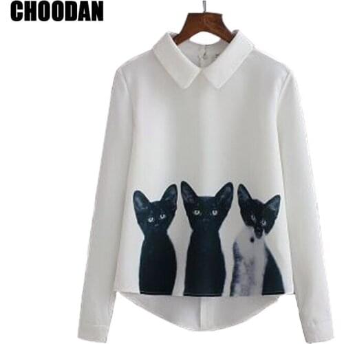 3D Printed Cat Blouse Shirts Women Long Sleeve Tops Autumn 2018 New Front Short Back Long Cute Cotton White Blouses For Ladies