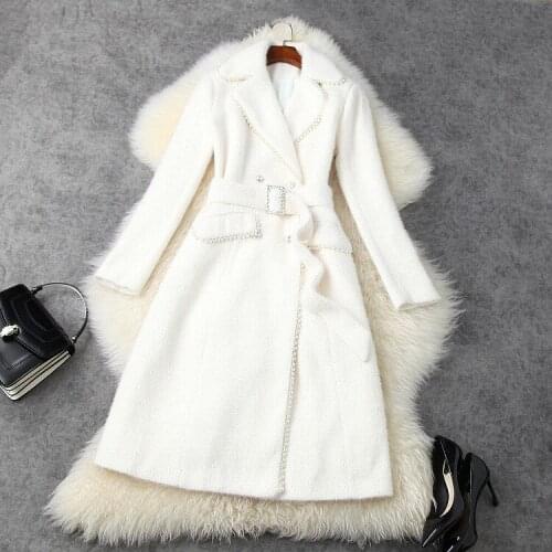 European and American womens wear 2020 winter new style Long - sleeved double - breasted bead Fashion belt imitation sable coat