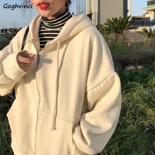With Hat Hoodies Women Solid Candy Color Drawstring Zipper Plus Velvet Korean Style All-match Solid Loose Students Harajuku Coat