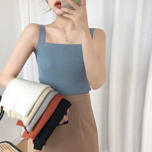 2020 New Knitted Camisole Womens Square Collar Solid Sleeveless Crop Top Fashion Sexy Tank Tops