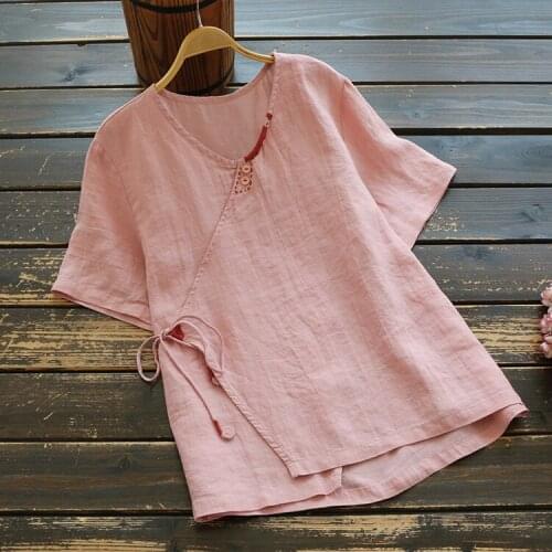 Summer Vintage Blouse Women Short Sleeve Cotton Shirt Tunic Casual Solid Pullover Women V-Neck Linen Shirt Tops 2020