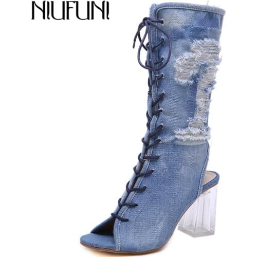 NIUFUNI 2019 Women Sandals Boots Denim Lace-up Peep Toe Summer Boots Crystal Thick High Heels Mid-calf Botas Mujer Woman Shoes