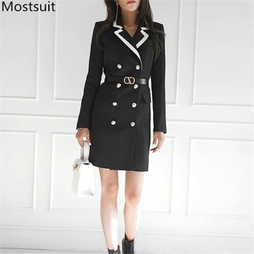 Korean Office Double-breasted Belted Women Suit Dress 2021 Spring Full Sleeve Notched Collar Ol Style Fashion Vestidos Femme
