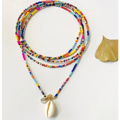 2020 summer bohemian colorful rice beads necklace handmade delicate multi-layer clothes accessories women trend shell pendant