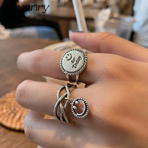 Foxanry Vintage Punk 925 Sterling Silver Rings for Women New Fashion Simple Smiley Face Pendant Handmade Party Jewelry Gifts