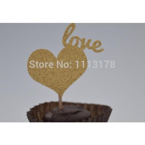 Heart Gold Glitter Cupcake Toppers - Birthday, Birthday Cupcake Topper, wedding party cake topper
